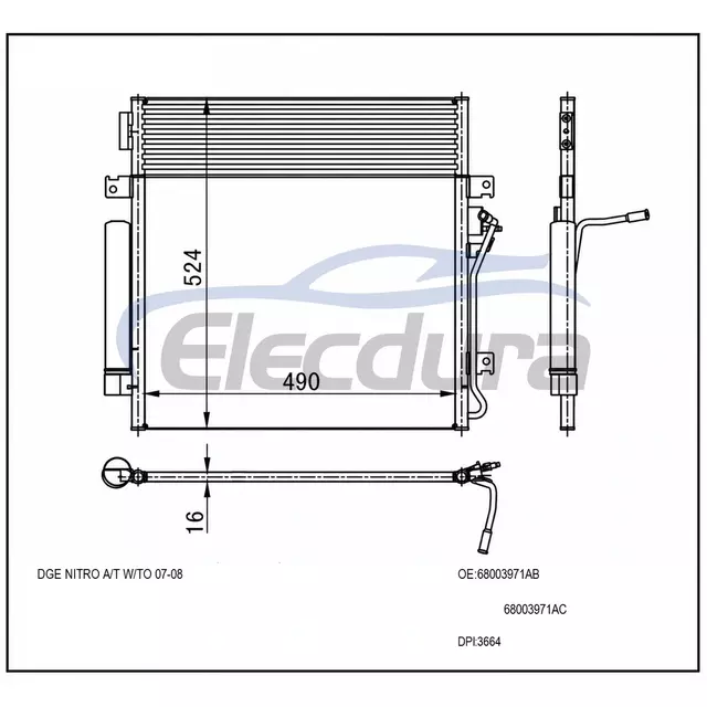 68003971AB Jeep Liberty 2008–2012 A/C-Kondensator, 16 mm Kern