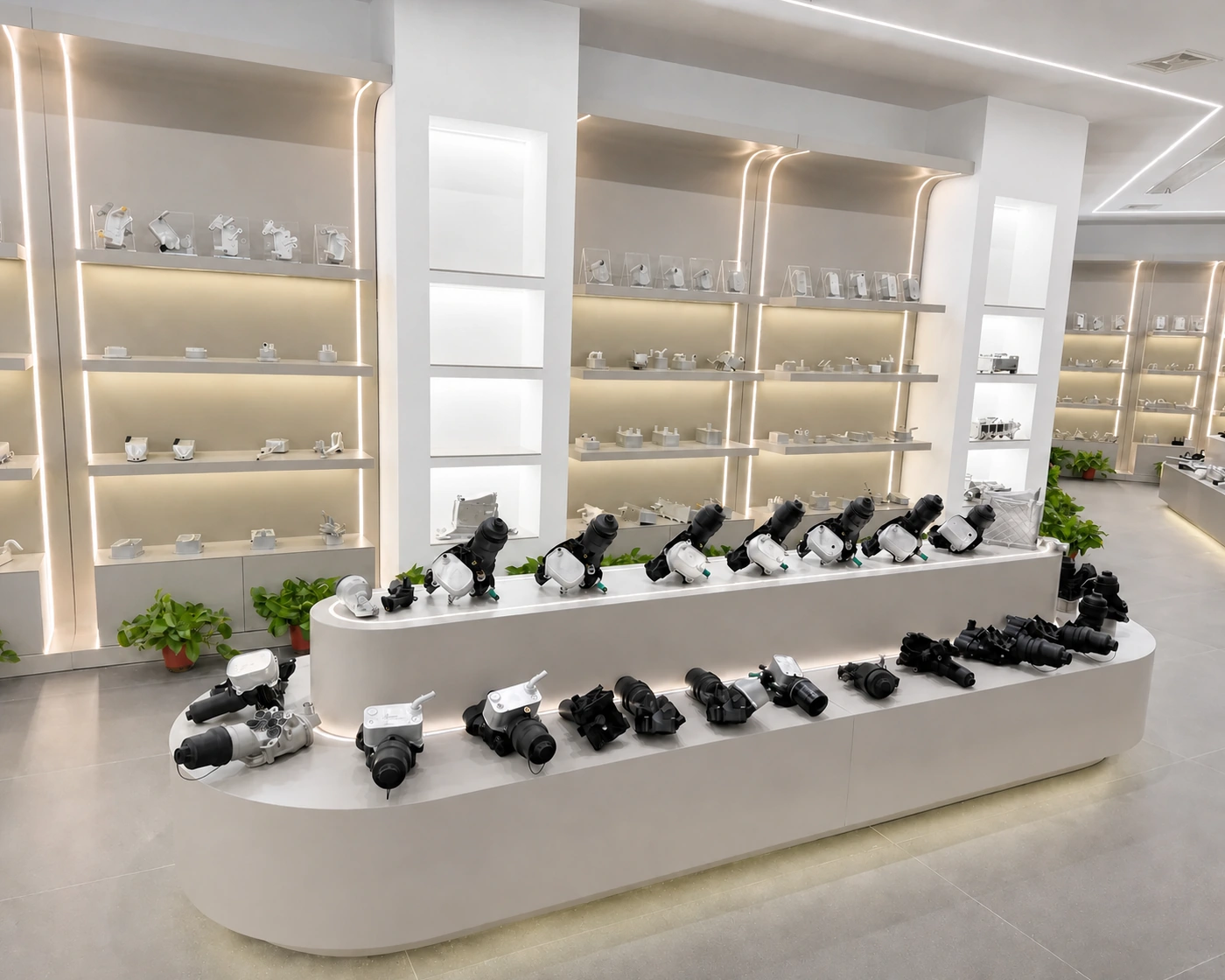 Elecdura showroom di radiatori dell'olio che espone diversi gruppi di radiatori dell'olio aftermarket per la fornitura di componenti di veicoli e macchinari