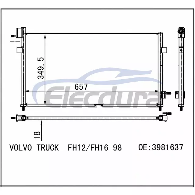 3981637 Volvo Truck Fh12 1998+ A/C kondensator 16mm kerne