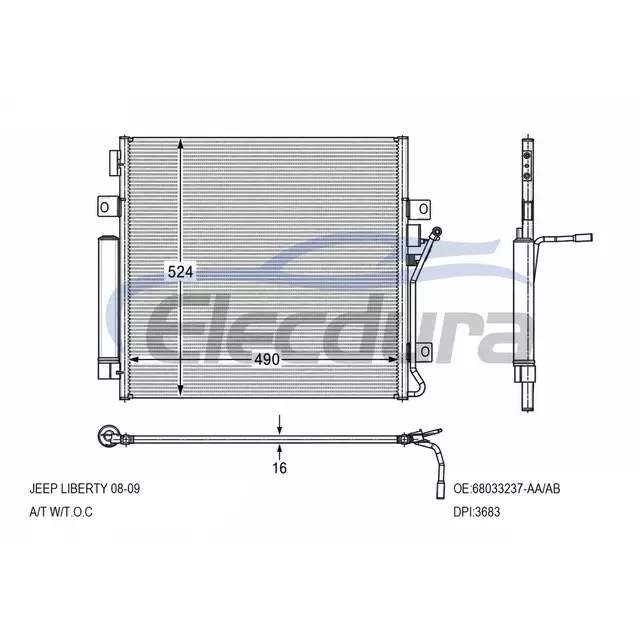 68033237-AA Jeep Liberty 2008-2009 Конденсатор кондиционера, сердечник 16 мм
