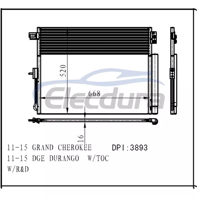 55038003AE Jeep Grand Cherokee 2011-2015 A/C kondenz&aacute;tor, 16 mm-es mag