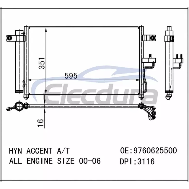 9760625500 Hyundai Accent 2000–2005 A/C-Kondensator, 16 mm Kern