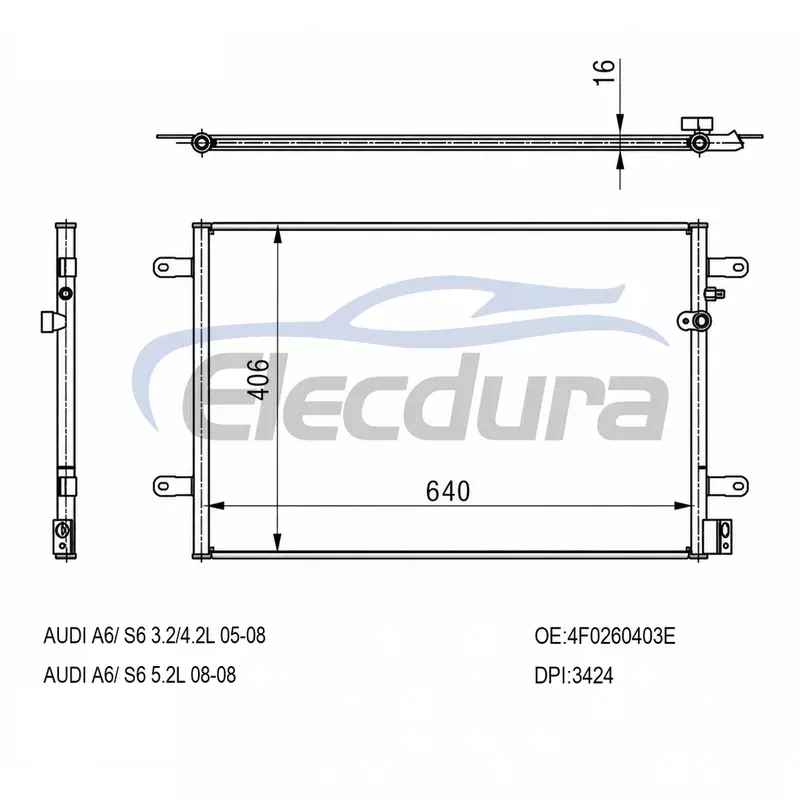 PC3424P ออดี้ A6 (C6) 2005-2011 คอนเดนเซอร์เครื่องปรับอากาศ