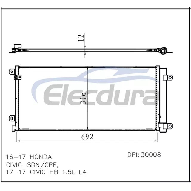 80100TBCA01 Honda Civic 2016–2017 A/C-Kondensatorbaugruppe, 12 mm Kern