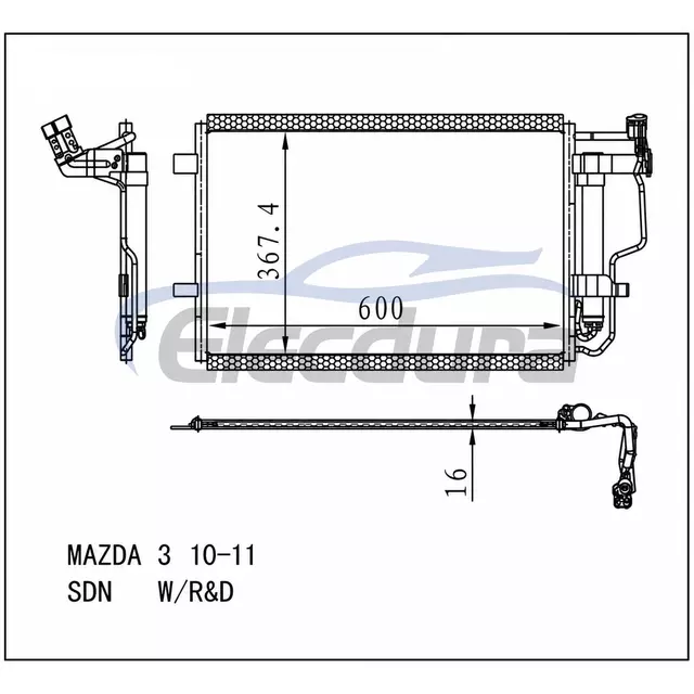 BBP261480C Mazda 3 2010-2013 A/C kondensator med modtager/t&oslash;rrer 16 mm kerne