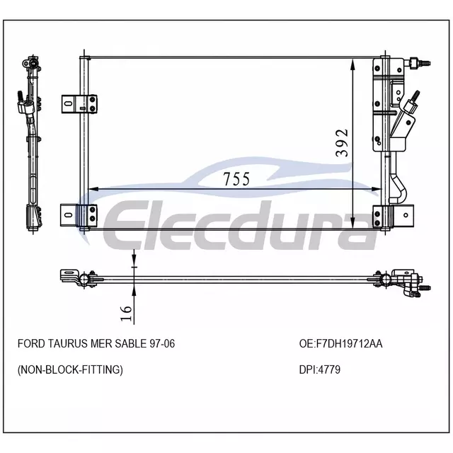 F7DH19712AA Ford Taurus Mer Sable 1997-2006 A/C Condensador 16mm N&uacute;cleo