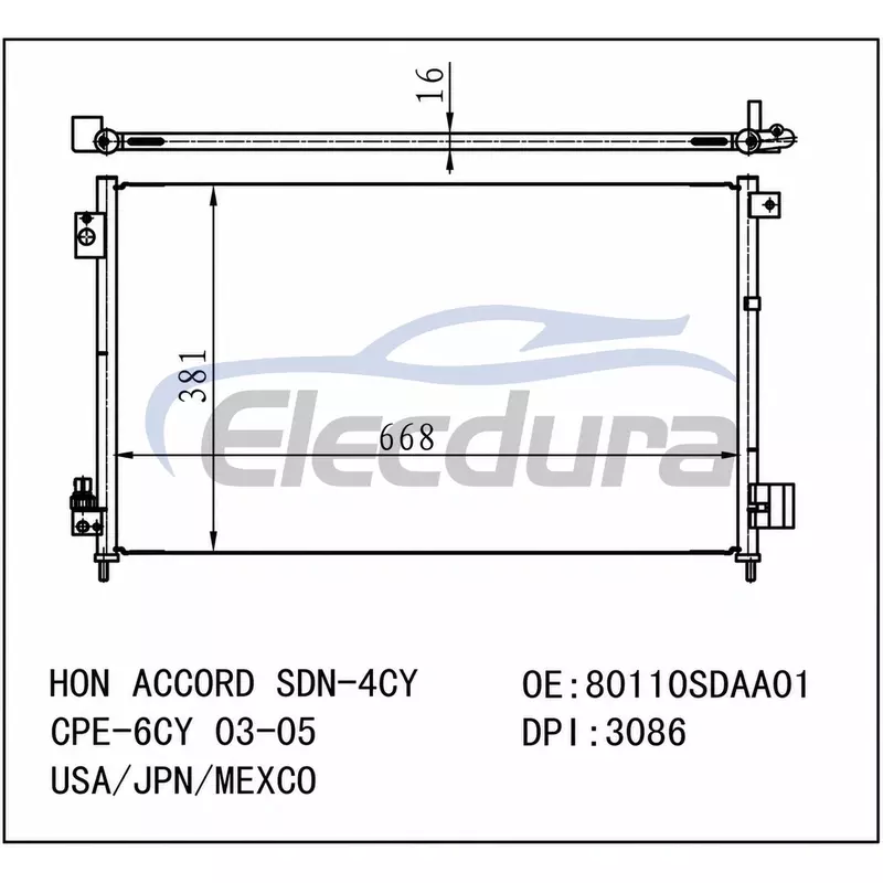 80110SDAA01 Honda Accord 2003-2007 Condensador de A/C N&uacute;cleo de 16 mm