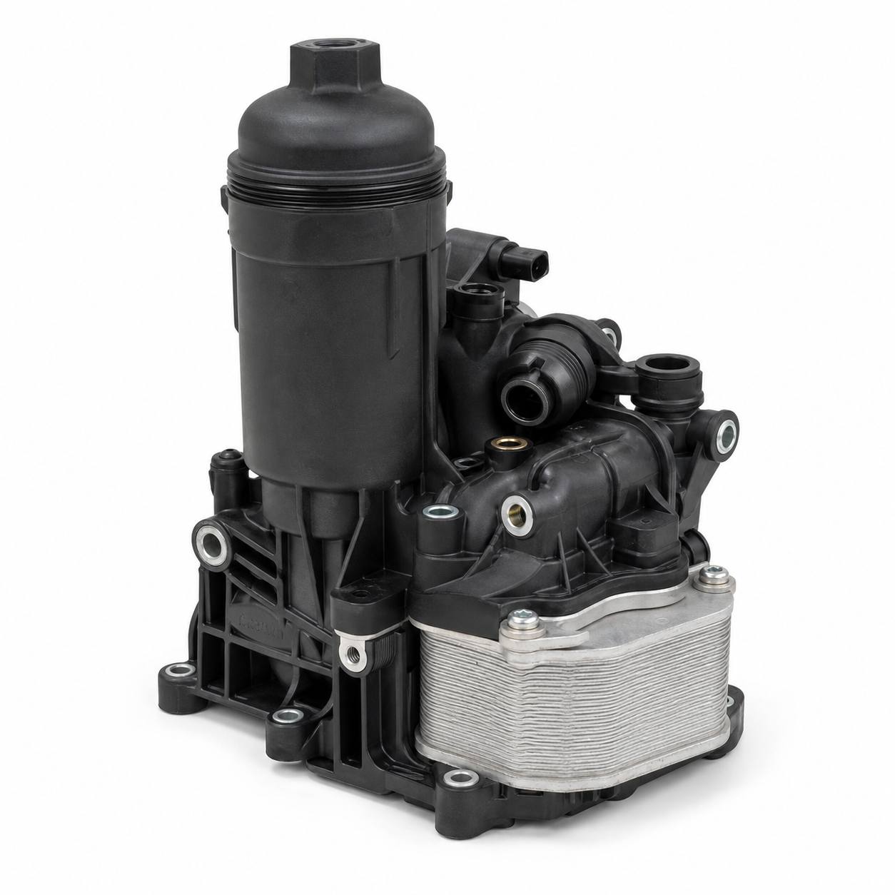 Oil filter housing and cooler assembly with integrated oil passages and sensor connections