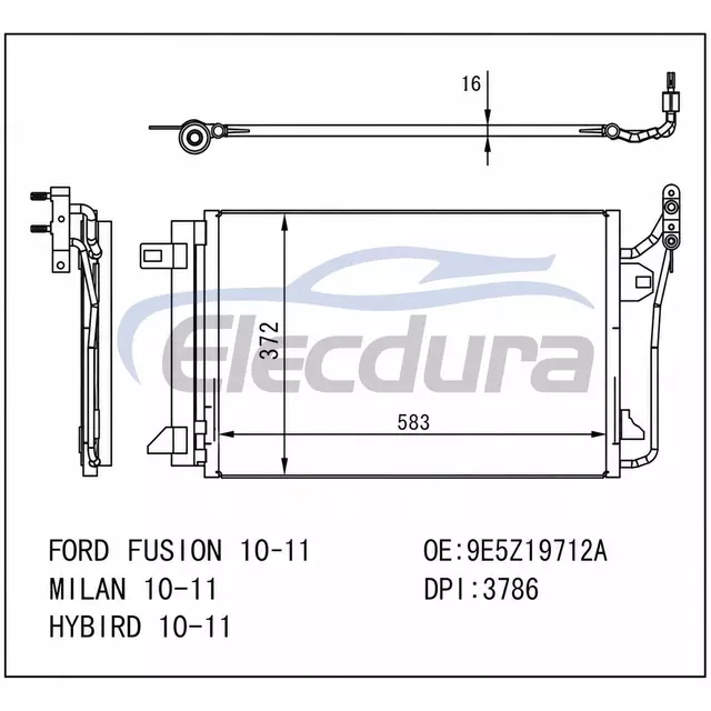 9E5Z19712A Ford Fusion 2010-2011 Skraplacz klimatyzacji 16mm rdzeń