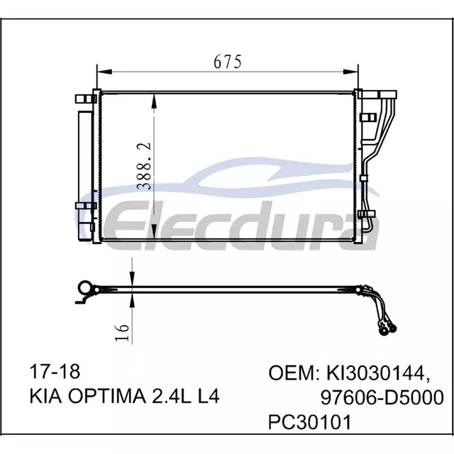 97606-D5000 기아 Optima L4 2017-2018 2.4L / L4 A/C 콘덴서 16mm 코어