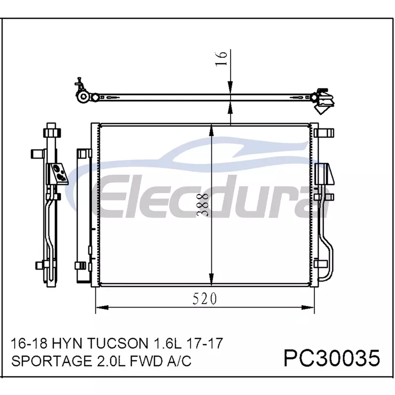 97606D3010 Kia Sportage 2017+ A/C-Kondensator, 16 mm Kern