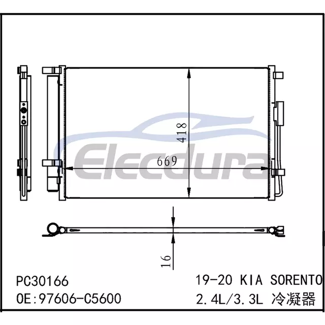 97606-C5600 Kia Sorento 2019-2020 Condenseur de climatisation noyau 16 mm