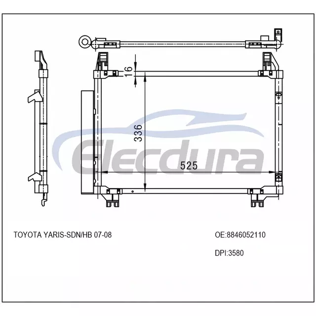 8846052110 Toyota Yaris 2006-2015 Конденсатор кондиционера с ресивером/осушителем, сердечник 16 мм