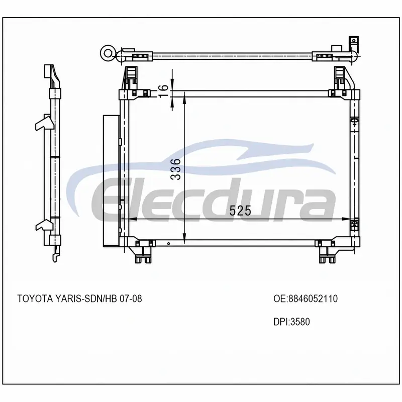 8846052110 Toyota Yaris 2007-2008 Skraplacz A/C z odbiornikiem/osuszaczem 16mm rdzeń