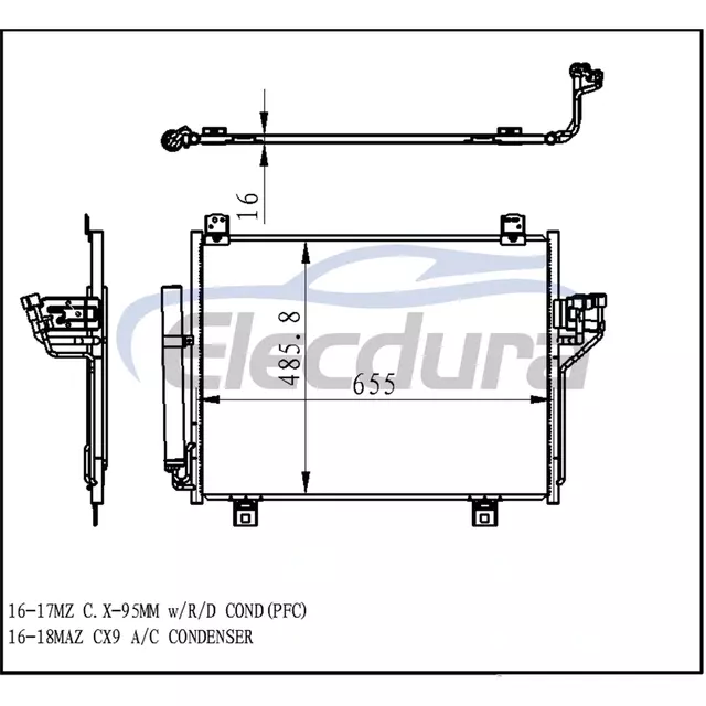 TK4861480 Mazda Cx9 2016-2018 A/C kondensator 16 mm kerne