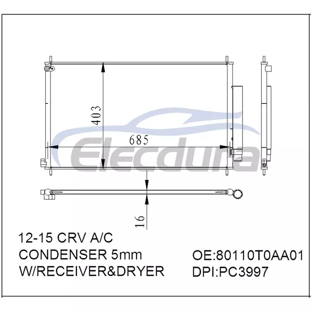 80110T0AA01 Honda Cr-V 2012-2015 A/C kondenz&aacute;tor s přij&iacute;mačem/vysoušečem 16mm j&aacute;dro